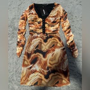 Brown Swirl Print Mesh Mini Dress